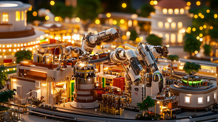 Obraz premium Night scene of miniature robotic factory in city.