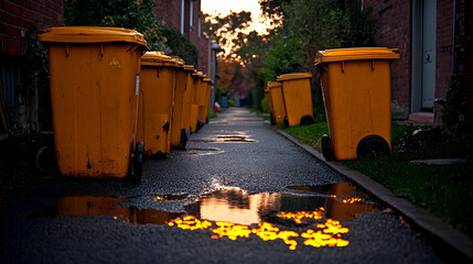 Naklejka premium Sunset reflected in puddles between yellow bins in an alleyway.