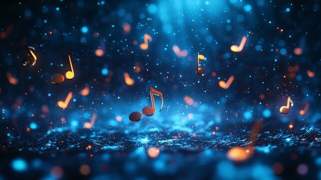 Vibrant music notes on dark blue abstract background