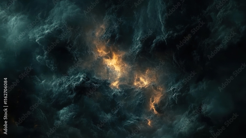 Aufkleber A dramatic view of dark clouds illuminated by fiery light, creating an intense atmosphere.