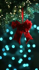 Holiday Ornament. Red velvet bow decoration hanging on green Christmas