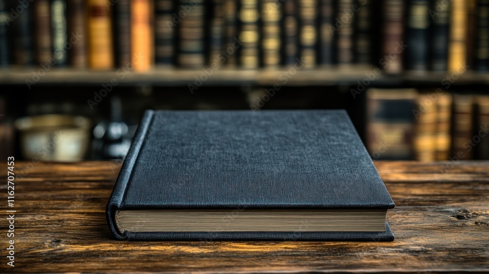 Poster dark navy blue book resting on a wooden table in a library setting with blurred bookshelves in the b