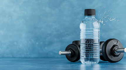 clear fitness drink bottle beside dumbbells, splashing water, symbolizes hydration and strength training