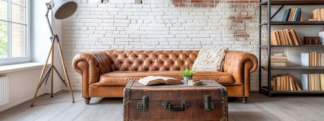 Industrial corner with leather sofa and vintage trunk