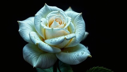 A close-up of a pristine white rose adorned with delicate water droplets, set against a dark background.