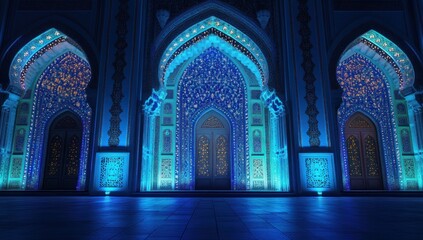 Obraz premium Illuminated Mosque Facade: Azure Nighttime Majesty