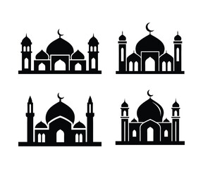 Set of 4 Muslim mosque silhouette. Modern mosque icon with white background. Muslim mosque silhouette festival vector illustration.