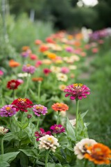 Vibrant Zinia Flower Garden Path: Blooming Summer Flowers