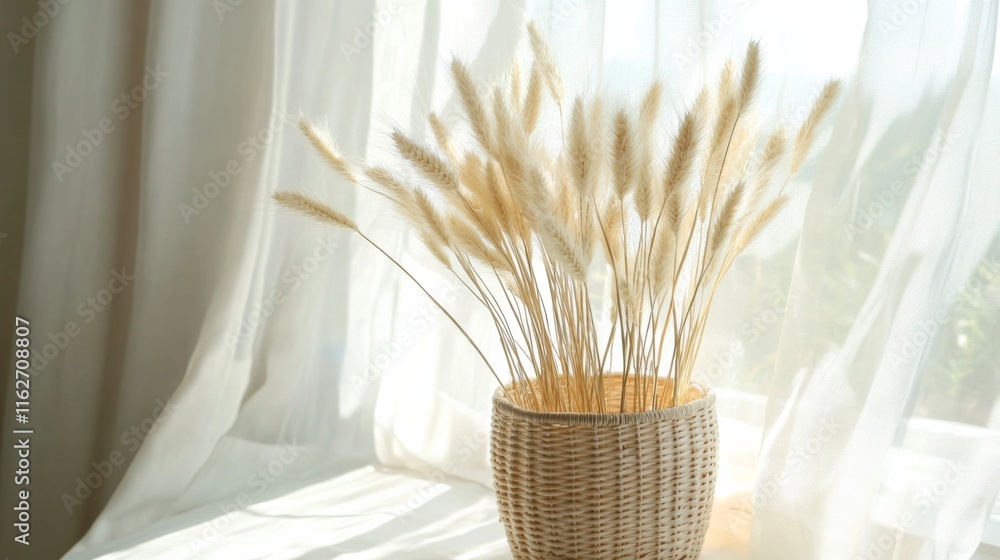 Poster minimalist basket with dried grass in studio setting