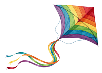Rainbow Kite Soaring High, Colorful String, Windswept Flight On Transparent Background