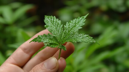 Close-up of a hand holding a vibrant green cannabis leaf.