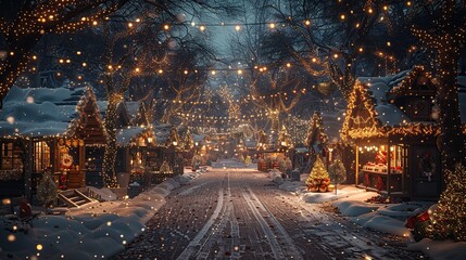 A festive Christmas market with twinkling lights, colorful stalls, and holiday shoppers. Experience the magic and excitement of the season