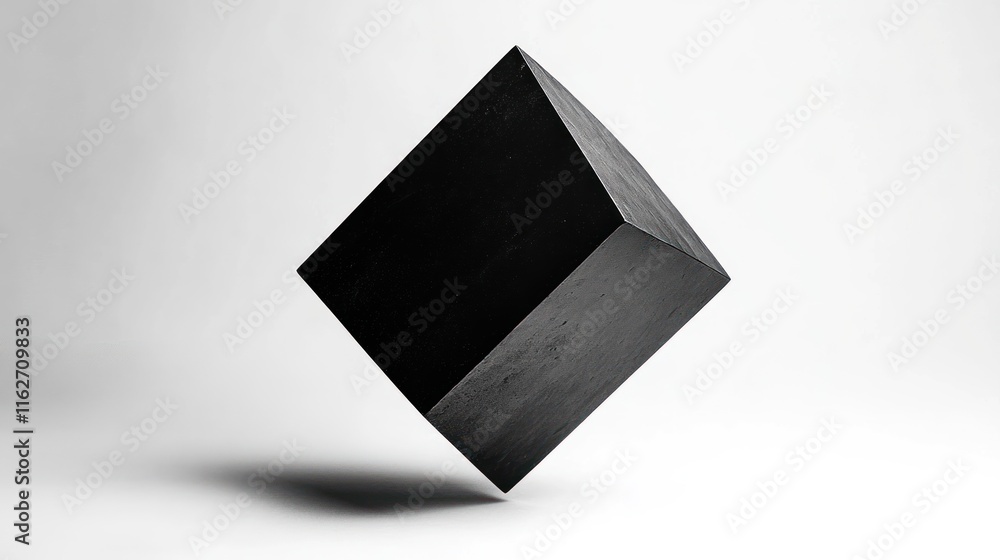 Fototapete a floating black cube against a minimalistic white background, emphasizing form and contrast.