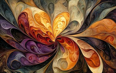 Abstract swirling painting with warm and cool colors, creating a floral pattern.