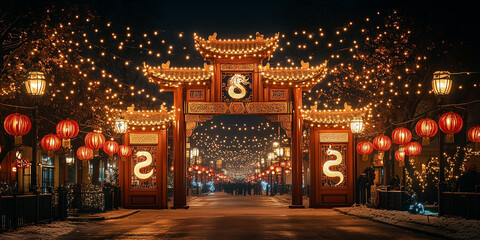 A dramatic wooden snake zodiac archway greets visitors to a Chinese New Year festival. Traditional lanterns and red decor symbolize prosperity and blessings for the year.