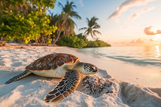 A detailed close-up of sea turtle tracks leading from the ocean to a nest on a desert island beach