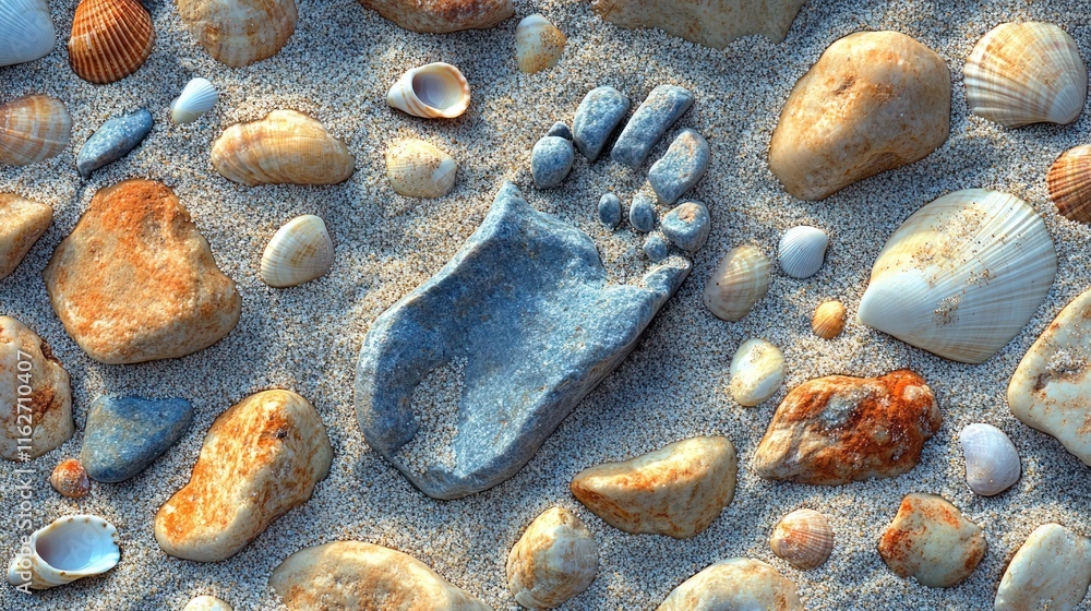 Poster A footprint cast in stone surrounded by various shells and pebbles on sandy ground.