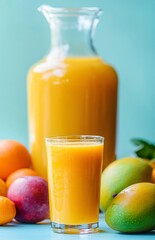 Fototapeta premium Refreshing Mango Juice in Glass and Pitcher with Fresh Fruit