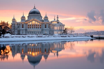 Obraz premium A dramatic shot of the DolmabahÃ§e Palace reflecting its grandeur along the waterfront