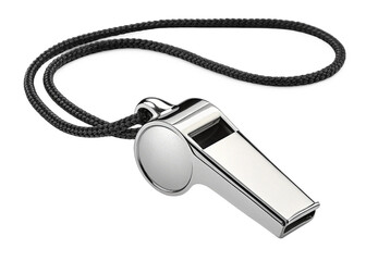 Silver Whistle with Black Cord Referee, Official, Sport, Signal, Isolated On Transparent Background, Png Cut Out