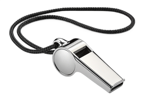 Silver Whistle with Black Cord Referee, Official, Sport, Signal, Isolated On Transparent Background, Png Cut Out