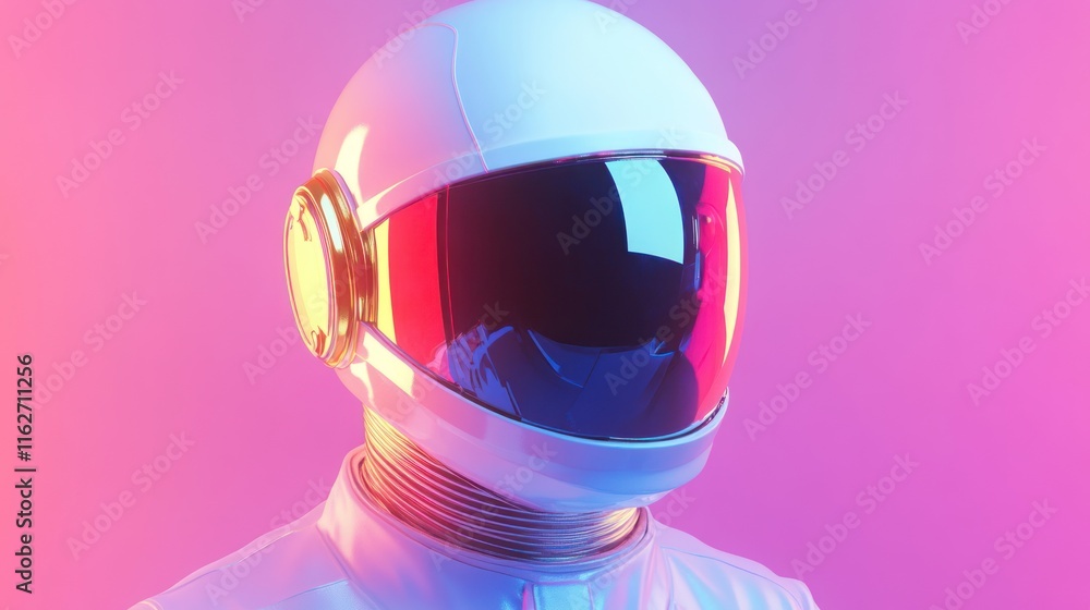 Poster a futuristic astronaut helmet with a glossy finish against a vibrant gradient background.
