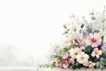 Obraz premium A dreamy watercolor of a stone wall with cascading ivy, surrounded by pastel flowers in a serene landscape
