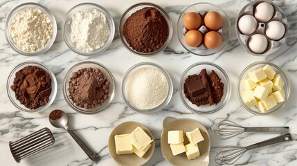 Overhead shot of baking ingredients flour, cocoa powder, sugar, eggs, and butter in glass bowls on marble surface.