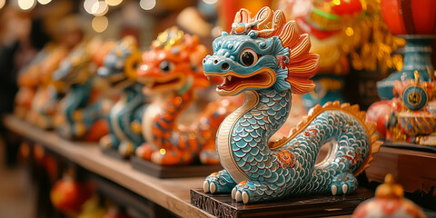 Fototapeta premium A lively Chinese New Year celebration features wooden snake zodiac figurines on display at a market stall. The colorful setting highlights creativity and tradition.