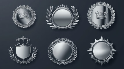 Best seller silver labels, awards and seal, medal badges. Best product, sale offer promotion realistic vector badges, stickers or round labels with chrome metal surface, laurel wreath and crowns