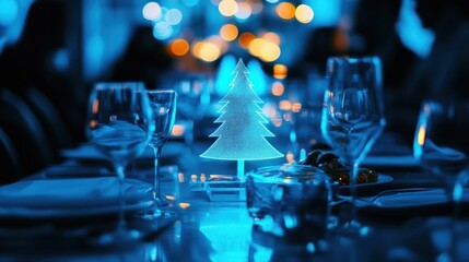 Festive Christmas table setting with a glowing tree centerpiece and blue lighting.