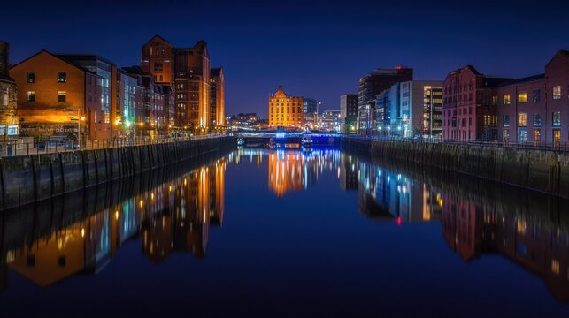 Night cityscape reflecting on calm water.