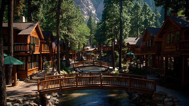 Wooden cabins nestled in a mountain valley, connected by bridges over a stream.