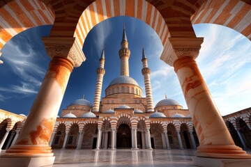 A grand mosque with intricate geometric patterns and a majestic dome under a bright blue sky