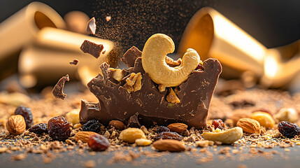 Broken dark chocolate bar with nuts and raisins, cocoa powder.