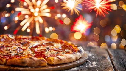 Pepperoni pizza with a festive firework backdrop. Perfect for celebrations!