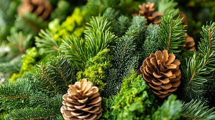A close-up shot of assorted green evergreen branches and multiple pine cones. This festive image would be great for holiday content.

