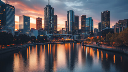 Fototapeta premium Miasto rozciągające się w szerokim widoku panoramicznym, rozświetlone ciepłym blaskiem świateł w czasie zmierzchu, z idealnym odbiciem na spokojnych wodach.