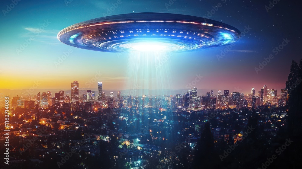 Aufkleber a futuristic cityscape with a hovering ufo and beams of light illuminating the skyline.