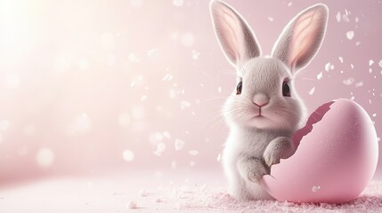 Obraz premium Adorable bunny rabbit holds a cracked pink egg. Perfect for Easter cards, spring themes, or cute pet content.