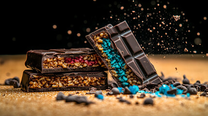 Dark chocolate bars with colorful sprinkles and crumbs.