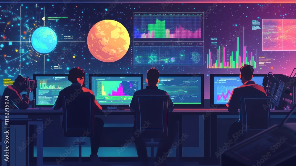 Leinwandbilder a futuristic control room with scientists analyzing data on screens against a cosmic backdrop.
