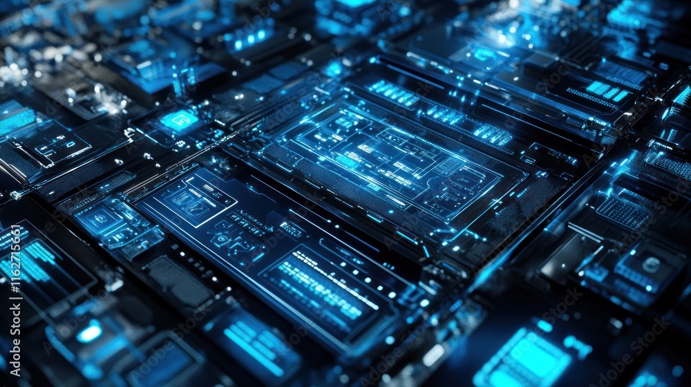 Poster a futuristic digital circuit board with glowing blue elements and complex data patterns.