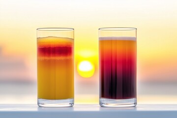 Two slim glasses, one with a layered sunrise juice, the other with a sunset blend, day and night themed on a white horizon.