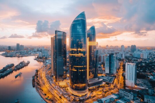 A modern skyline of Abidjan, featuring the Plateau district with its tall buildings and bustling streets