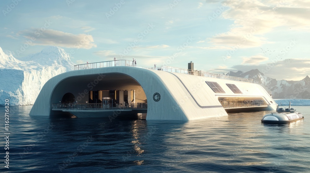 Poster a futuristic floating structure surrounded by icebergs, designed for leisure and exploration.