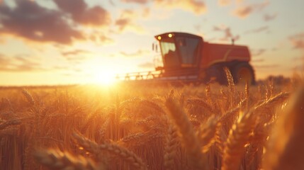 Fototapeta premium Harvesting at Sunset with Soft Pastoral Light