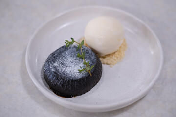 Fudge Chocolate brownie lava with vanilla ice cream dessert homemade