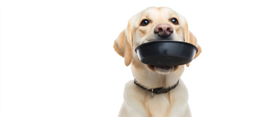 golden retriever or labrador puppy carrying his bowl isolated on white background