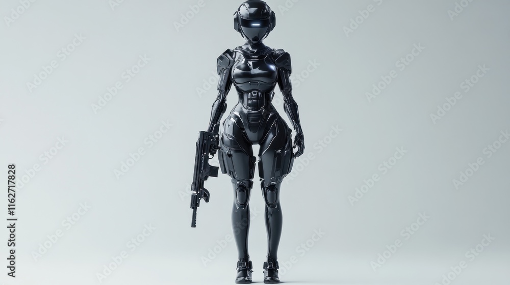 Poster a futuristic humanoid robot with a weapon, showcasing advanced technology and design.